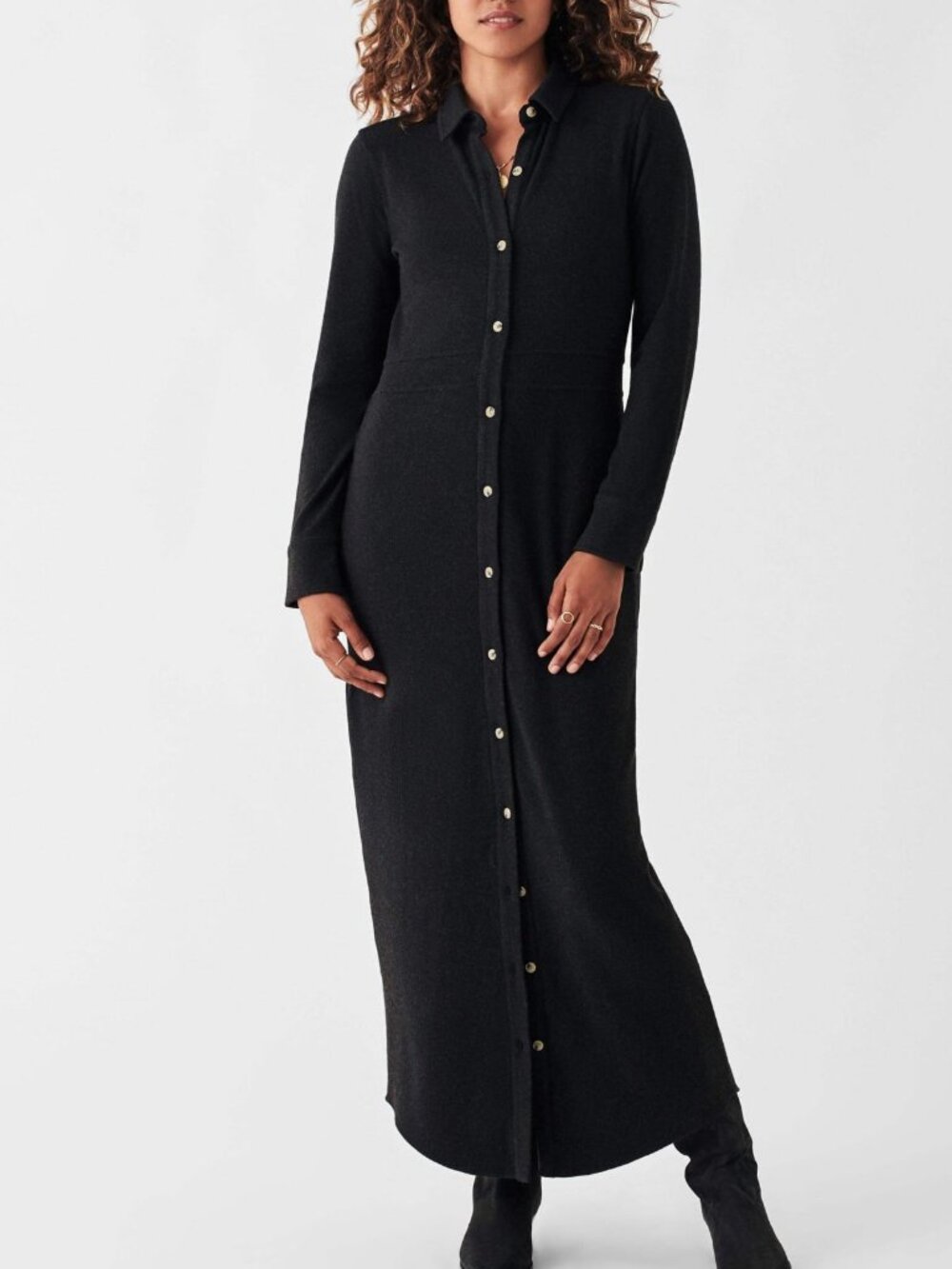 FAHERTY Legend Sweater Long Dress in Heathered Black Twill